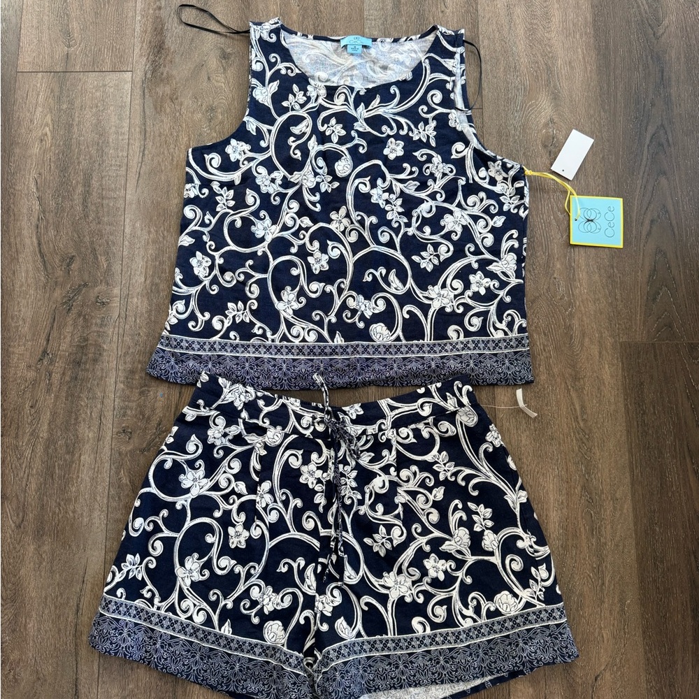 CeCe Navy and White Floral Scroll Sleeveless Top